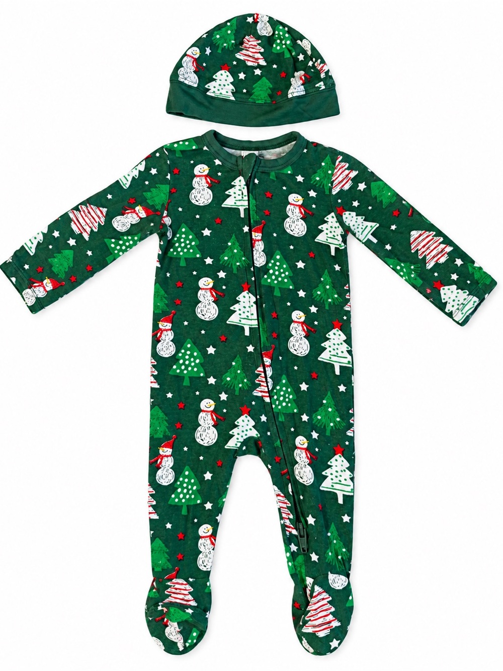 Little Me Christmas Snowman Tree Zip Footie Sleeper + Hat Newborn NB
